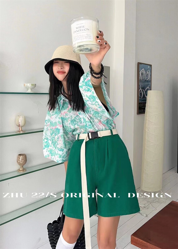 【ZHU】韓系百搭淨色寬鬆休閒短褲(配腰帶)  22329#  LSW