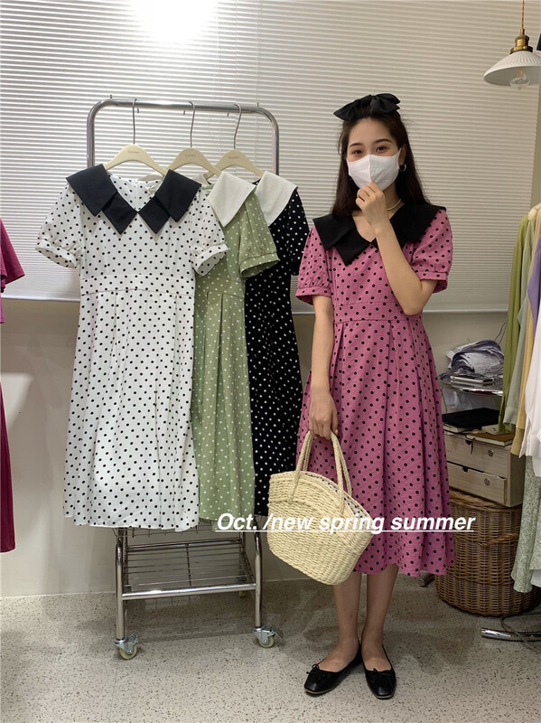 New in early summer! [OCT] Korean retro wave point dress 1552# hjy
