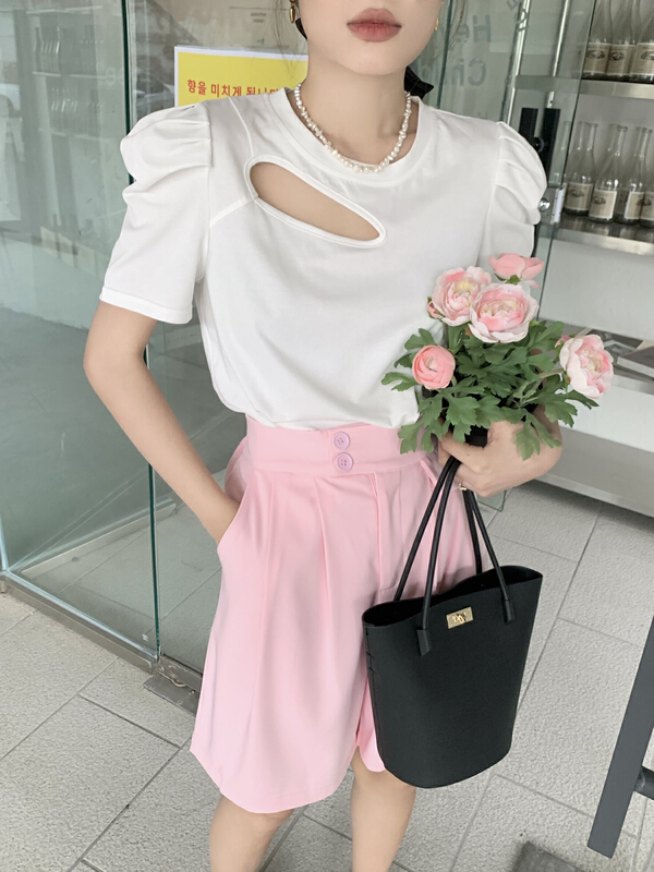 [qixuan'er] Korean hollow bubble sleeve round neck short sleeve T-shirt 2680# LSW
