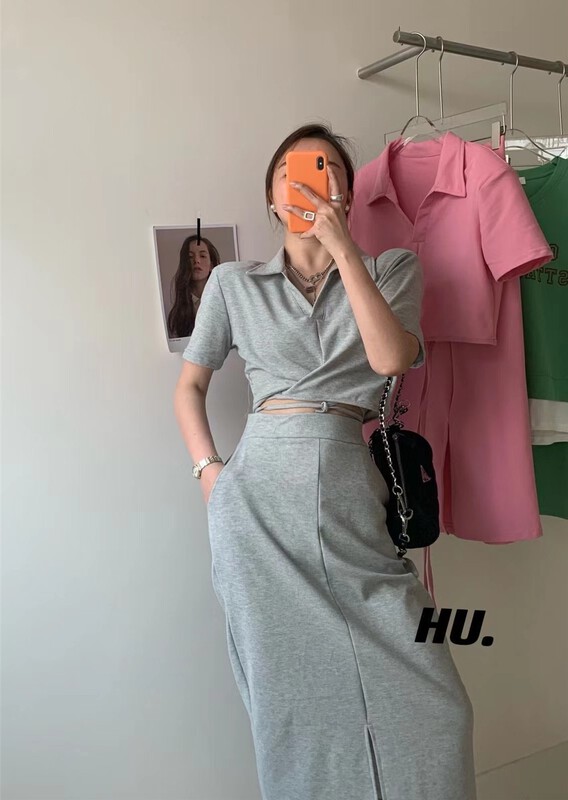 【HU.】 Simple casual button up blouse + casual slim skirt two piece suit 2253# cqw