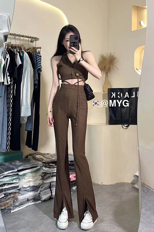 [millet +] hot and versatile short Vest + high waist thin split horn casual pants set 049\wpl