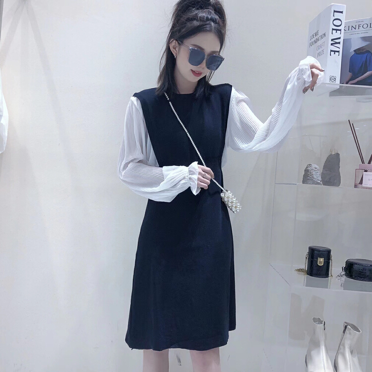 [S.J] patchwork crew neck contrast long sleeve loose French dress 6757# LSW
