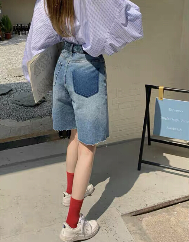 [wgwe] vintage fashion straight cropped pants denim shorts 1642# PCZ