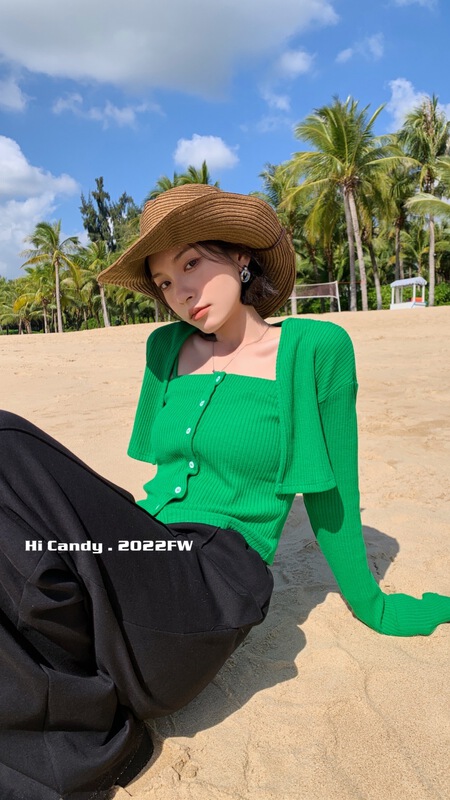 [hi candy] Korean Short versatile knitted cardigan + suspender vest two piece set 7092# jhy
