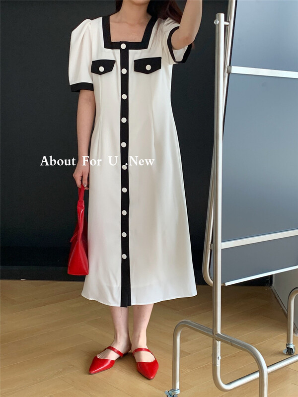 Original price 118.44! [about for u] Korean version color contrast edge button square neck bubble sleeve dress 66130# lwy