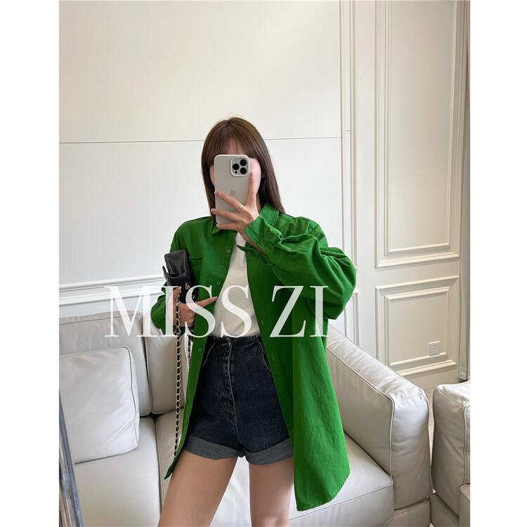 [miss Zi] Korean version solid color loose single Pocket Shirt 2230# cqw