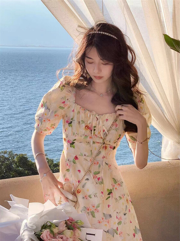 goods in stock! New in early summer! [tangtangtangjia] temperament small woman square neck Printed Dress 2993# PCZ
