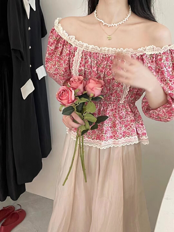 [RS] Square Neck Lace Edge floral blouse dh2158# XYY