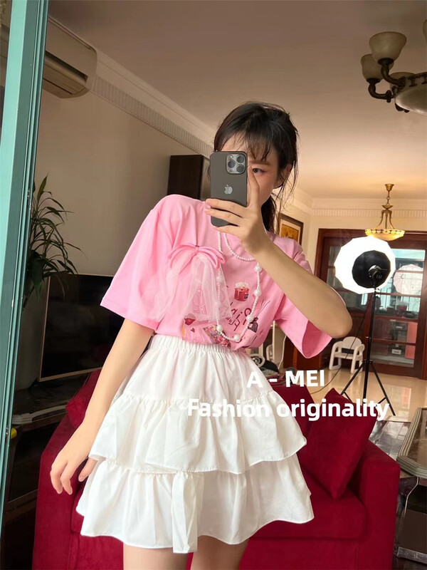 [A Mei Mei] sweet loose print short sleeve T-shirt (with bow brooch) 22146# PCZ