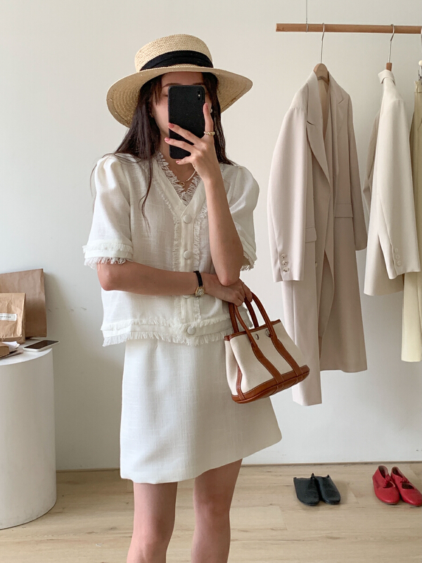 New in early summer! [Tn] V-neck tassel jacket + high waist slim skirt suit 8259# cqw