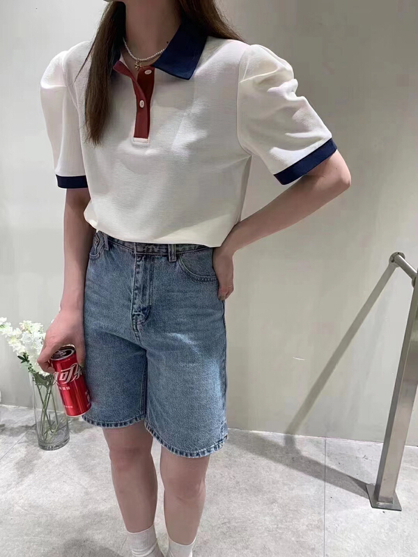 [Qixi] Korean color blocking bubble sleeve polo short sleeve T-shirt 8908# XYY