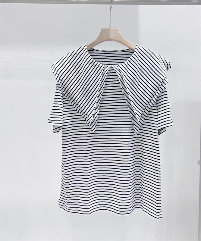 New in early summer! [td] Korean large lapel stripe short sleeve T-shirt t003921# XJ