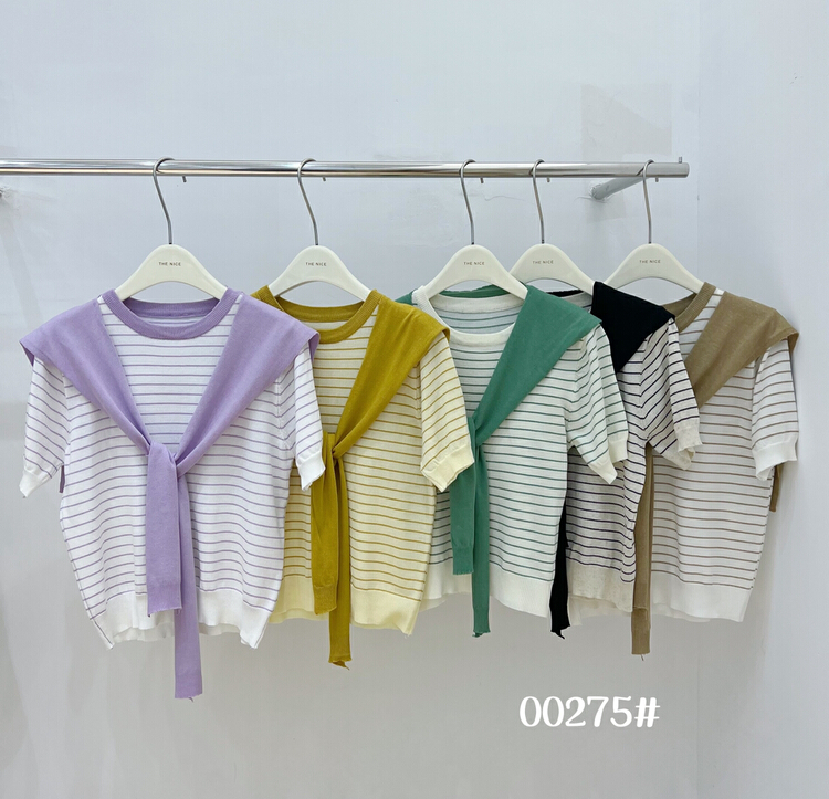 New in early summer! [the nice] Korean simple stripe short sleeve T-shirt (with shawl) 00275# hjy
