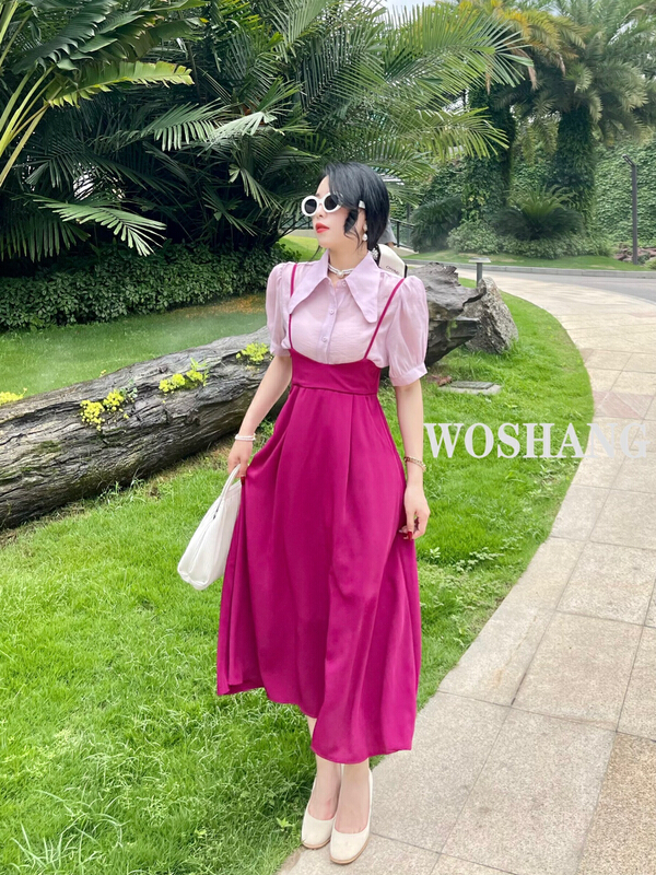 [woshang] loose bubble sleeve shirt + temperament suspender dress set 1287# XYJ