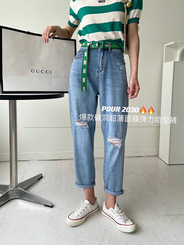[pour one] Korean version of thin cut hole Harlan jeans (with belt) p2030# L