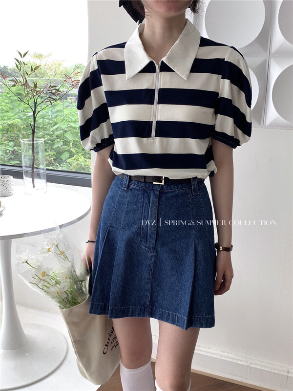 goods in stock! New in early summer! [dvz] polo collar contrast stripe short sleeve T-shirt 3759# zxx