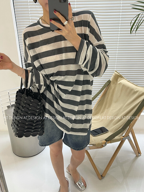 [at] personalized contrast stripe casual loose sunscreen shirt 56997# LSL