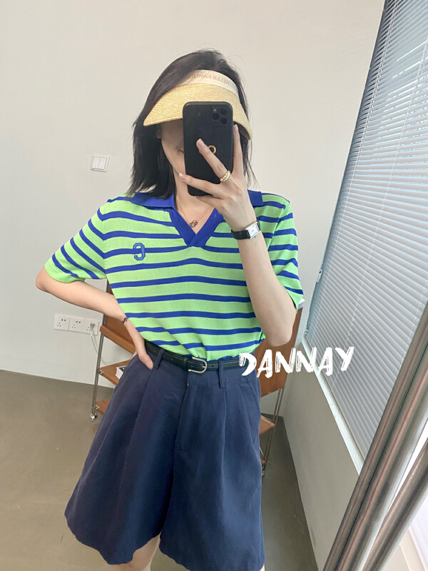 [dannay] ice silk Polo small V-neck contrast color C-shaped casual loose knit 6577# WPL