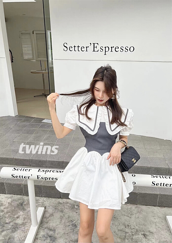 [twins] Korean design, foreign style, bubble sleeve, lapel dress 8827# hjy