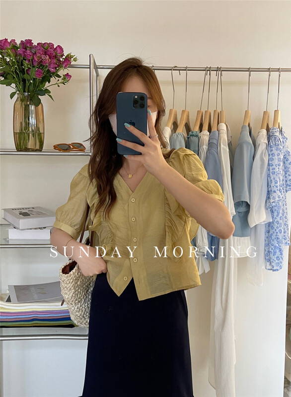 [Sunday morning] French style V-neck ruffled blouse 9118# zjy
