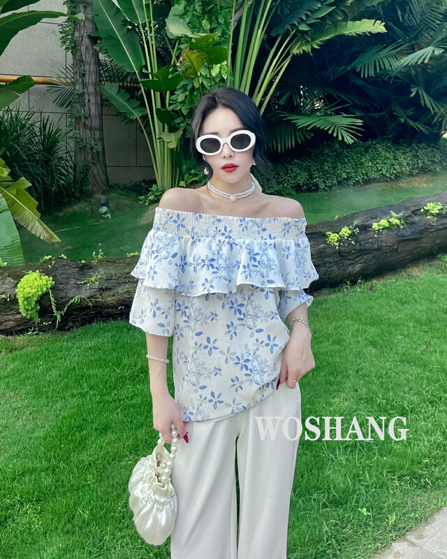 [woshang] Ruffle edge gentle temperament sexy off shoulder one-line collar shirt a-333# XYJ