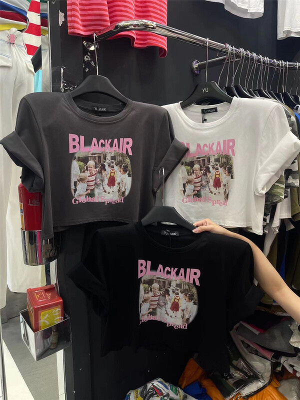 [Yu] European and American retro printed shoulder pad short sleeved T-shirt 1897# cqw