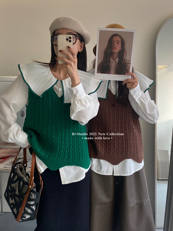 goods in stock! New year in early spring! [B plus] baby collar contrast shirt + solid fried dough twist vest suit 258-2\hbx