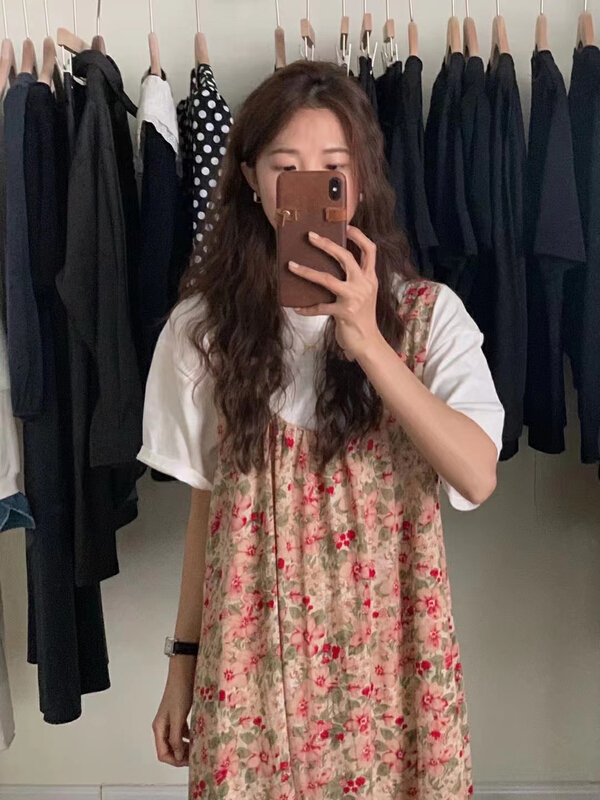 New in early summer! [hey Bella] Korean simple short sleeve T-shirt + floral fashion suspender dress set b2218# ll