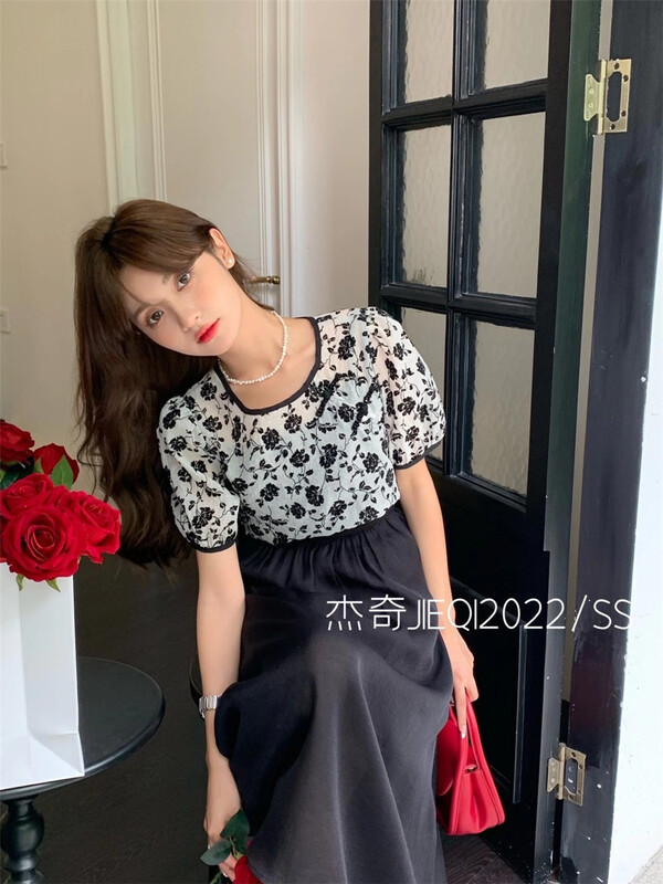 [Jieqi] French round neck short ins blouse (with sling) 88576# zxx