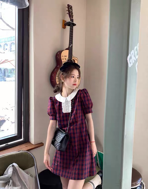 New in early summer! [L.L studio] Korean doll neck embroidered red check waist closing dress 7524# PCZ