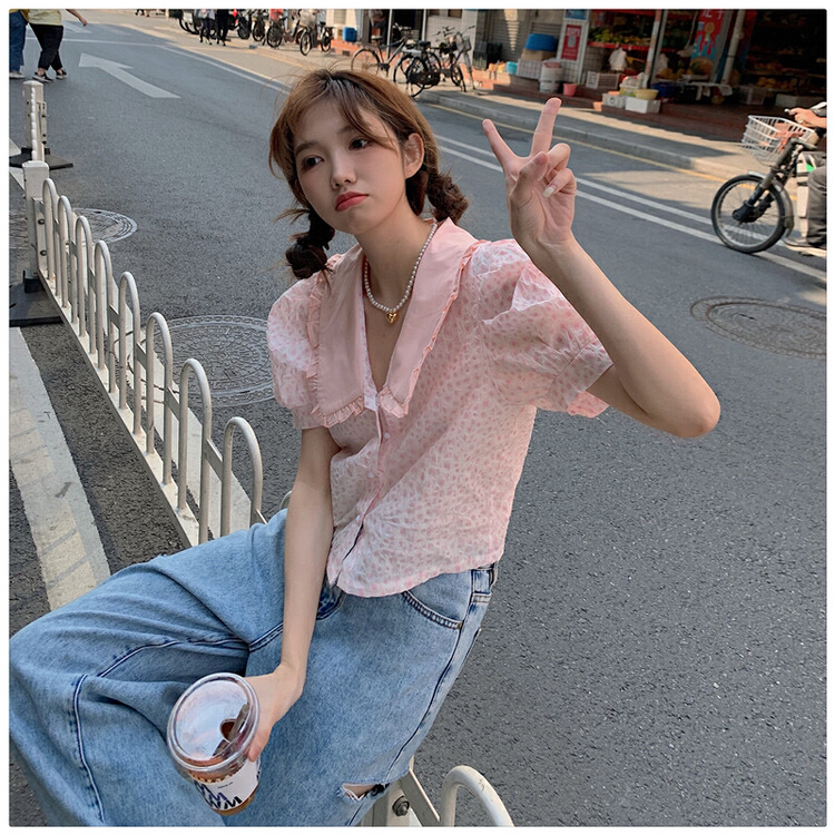 New in early summer! [timely rain] Han Feng ins sweet French doll collar bubble sleeve foreign style age reducing short shirt 77707# WPL
