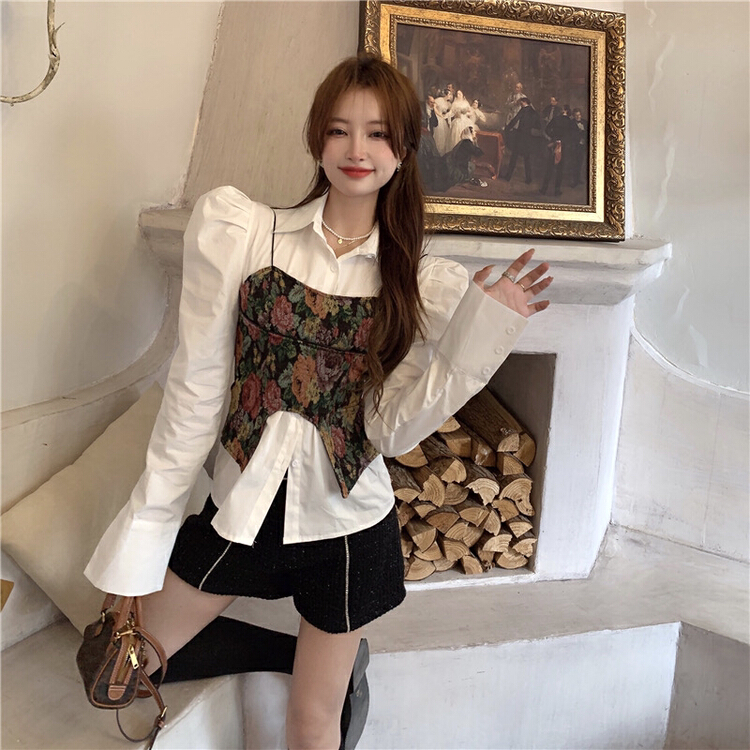 goods in stock! [one] simple bubble sleeve shirt + romantic oil painting suspender vest two piece suit 5306# zxx