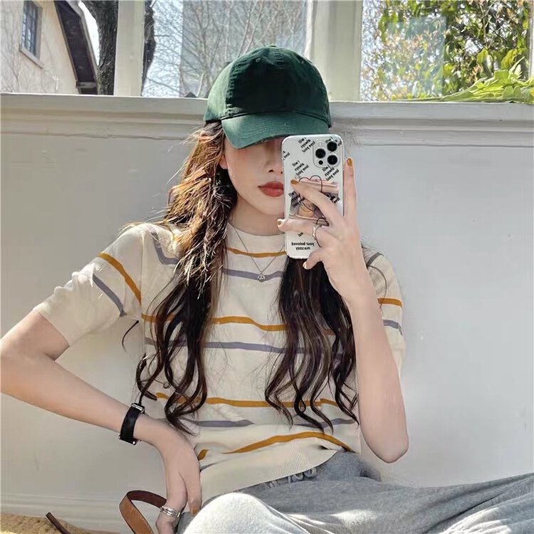 [F.P.] stripe short sleeve design sense of minority ice silk versatile T-shirt xyw303# HBx