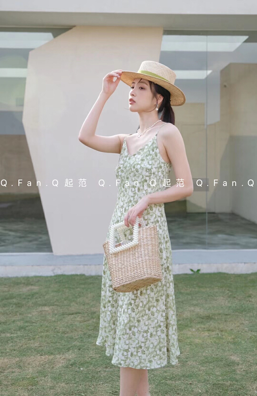 New in early summer! [style] printed chiffon adjustable simple suspender dress 8090# JJ