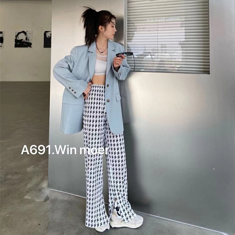 goods in stock! New year in early spring! [win more] geometric split and versatile thousand bird check casual pants 22066# cqw
