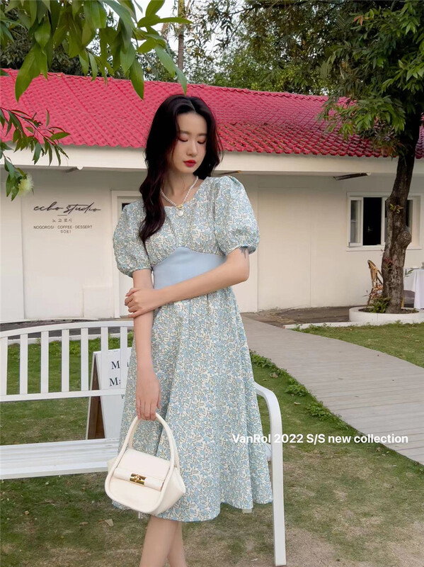 New in early summer! [vanroi Fanluo clothes] Korean style stitched waist closing Printed Dress 81006# hjy