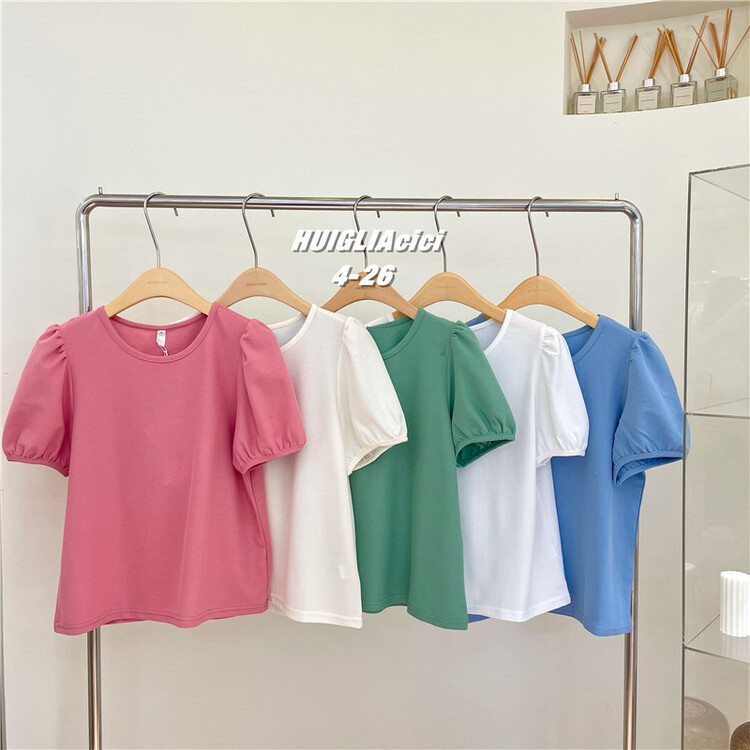 [Cinderella CICI] gentle wind round neck bubble sleeve short sleeve T-shirt ys1-8689# zjy