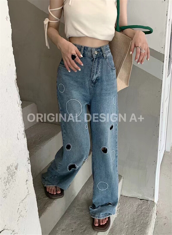 [a +] high waist fashionable ripped jeans 60208# ozq