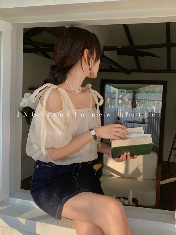 New in early summer! [ing] sweet aging one line shoulder width off shoulder strap loose blouse 7706# HBx