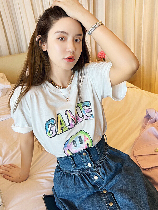 [wgwe] design sense niche round neck loose smiling face printed short sleeve T-shirt 1515\pcz
