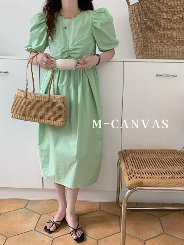 New in early summer! [m-canvas] French solid color versatile bubble sleeve dress 6952# lwy