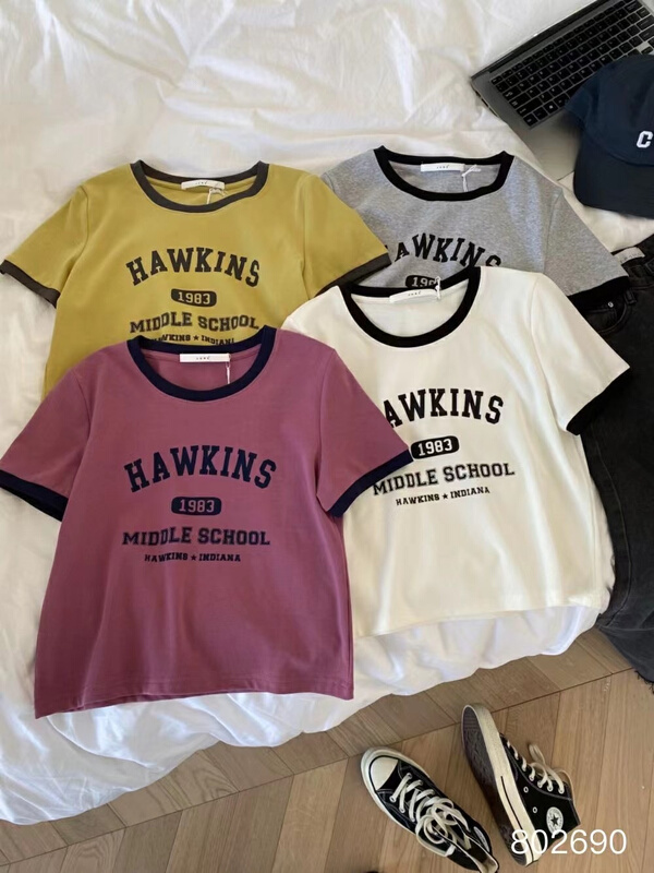 Early spring! [June] contrast round neck letter short sleeve T-shirt 802690# XYY