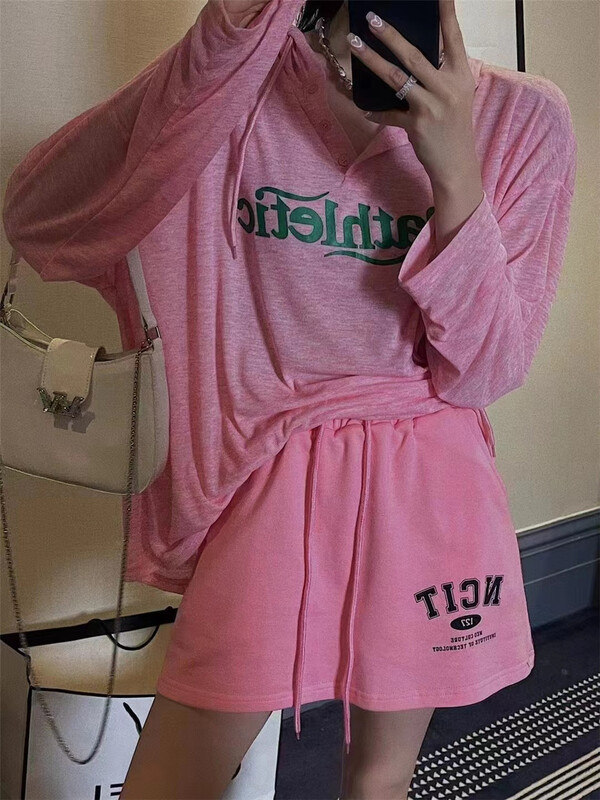 [Muzi family] Korean hooded letter long sleeved sunscreen shirt + versatile comfortable casual Shorts Set 66941# XYY