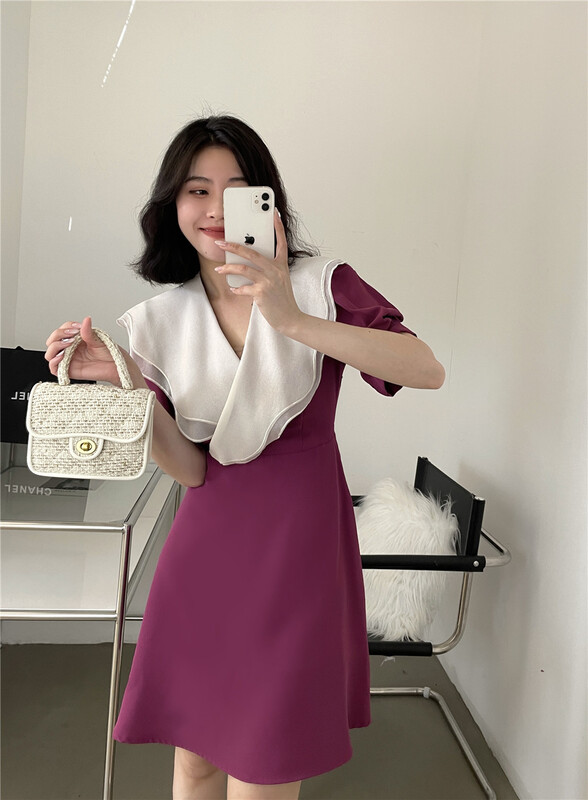 [lemon tree] Korean slim lotus leaf collar dress 66268a# XYY