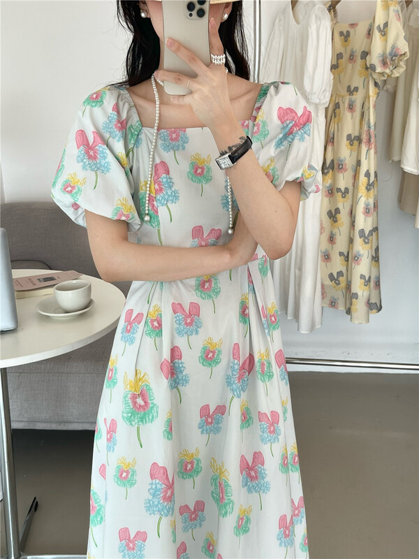 [larti] bubble sleeve lady square neck dress 88890# ll