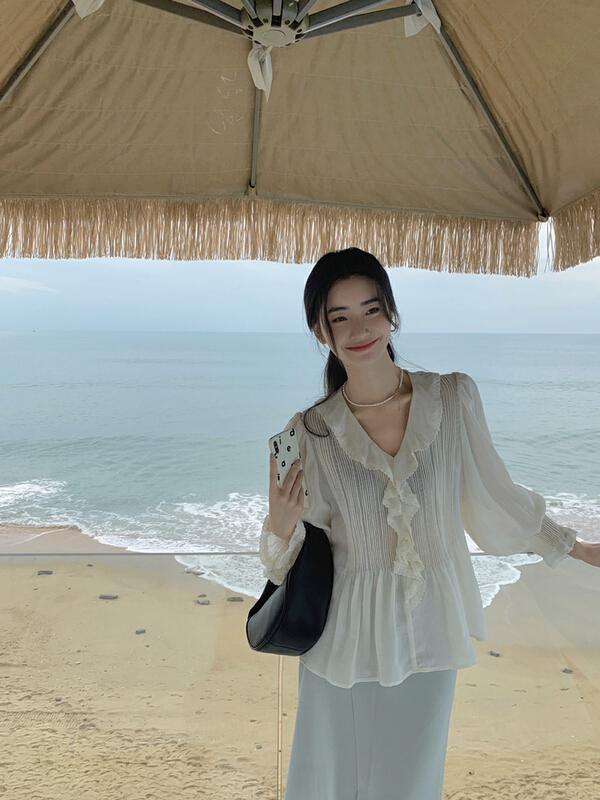 Original price 144.78! New year in early spring! [finoa] Korean casual V-neck Chiffon 10113# CLS