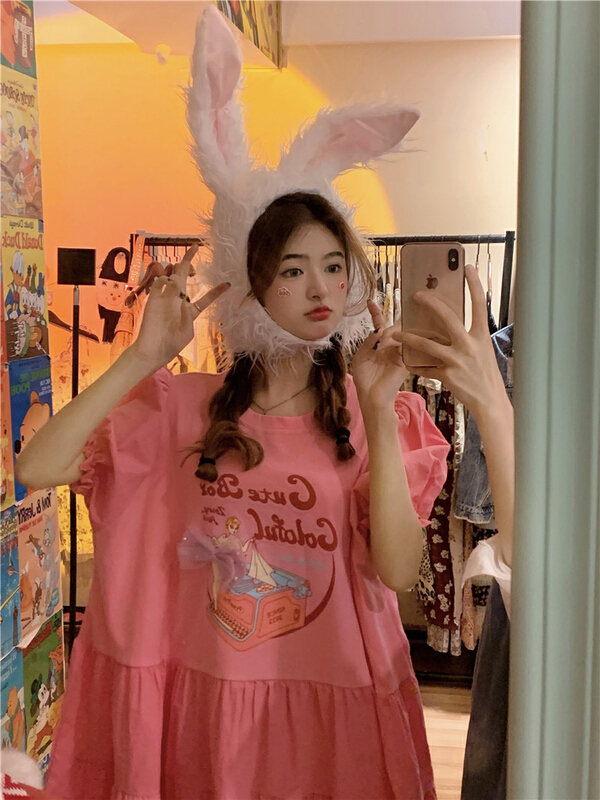 [timely rain] Han Feng ins sweet printing design bubble sleeve dress 03558# WPL