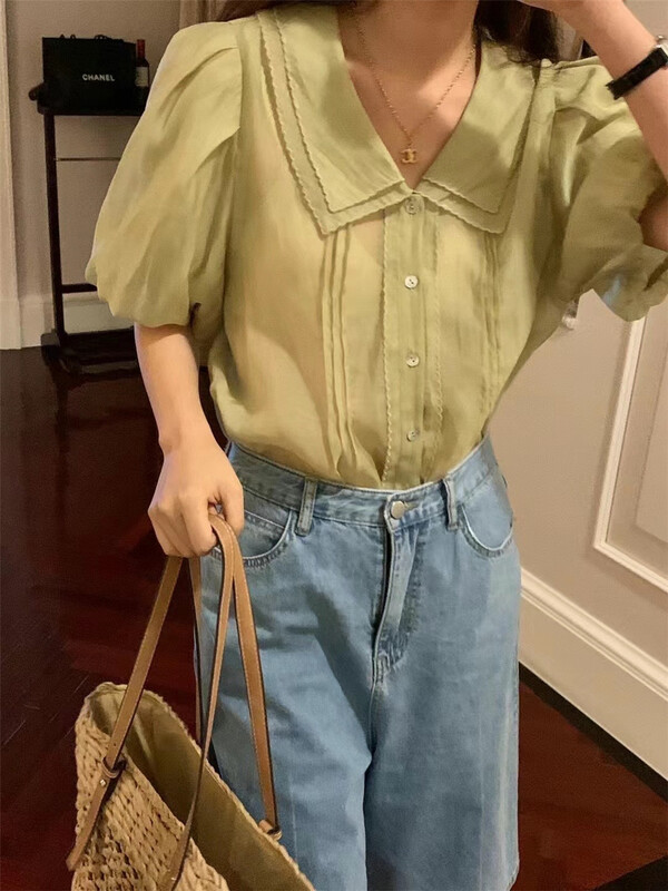 [o.lucky] Korean style texture bubble sleeve button up blouse 1758# HBx