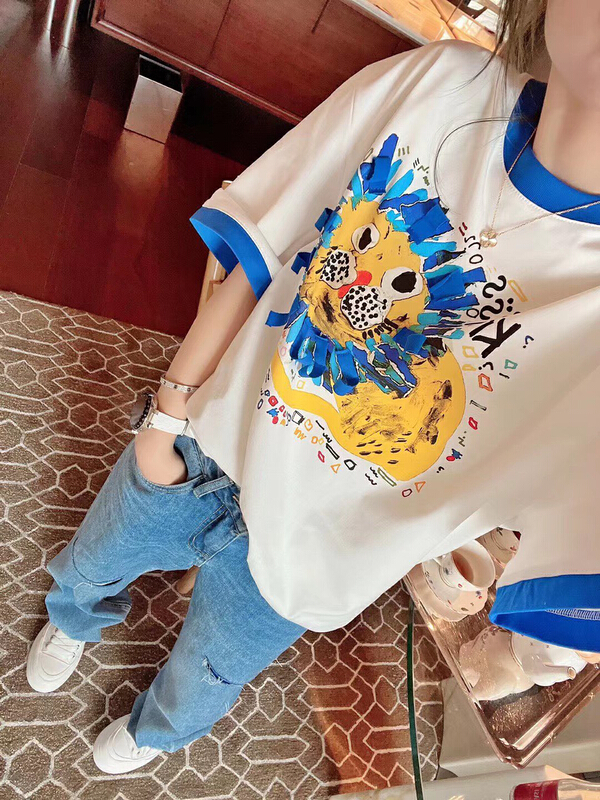 [Nancy] little lion blue edge versatile fashion short sleeve T-shirt ra8999# WPL