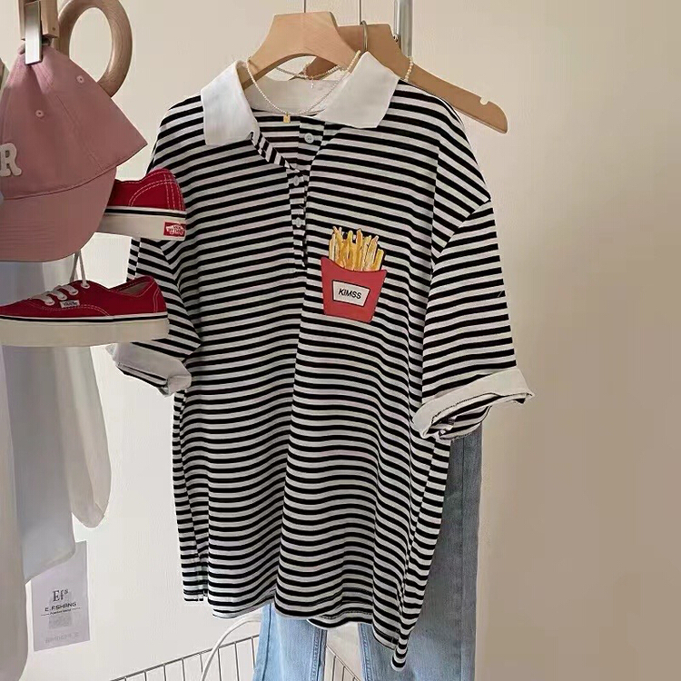 Original price 50.76! [Xiaoxiaojia] classic striped French fries printed polo shirt 80506# WTT